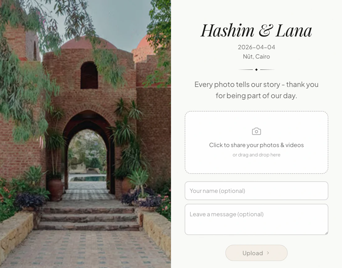 The Glint guest page: one tap to share photos and videos, with no app and no account