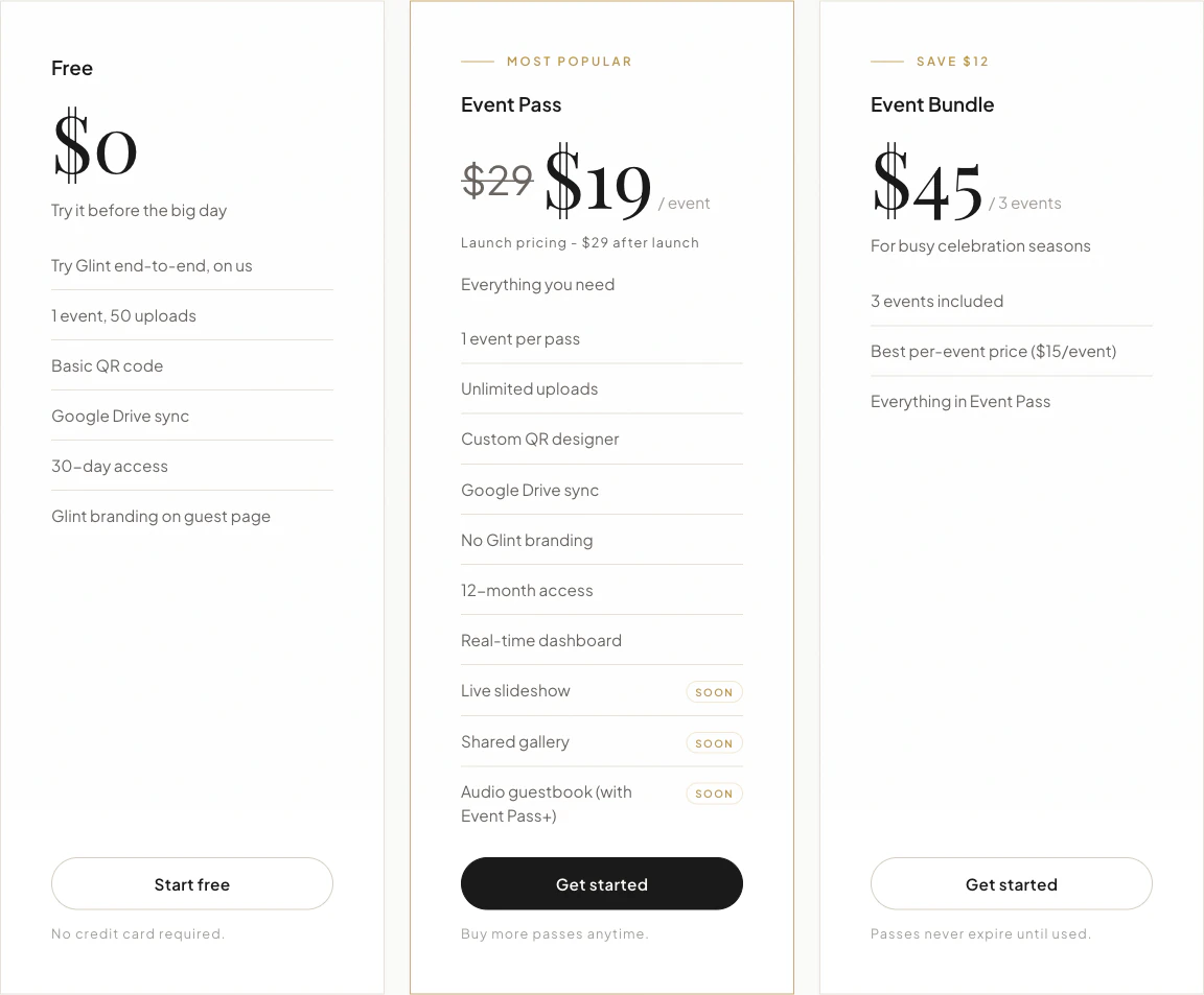 The Glint pricing page: Free, Event Pass, and Event Bundle